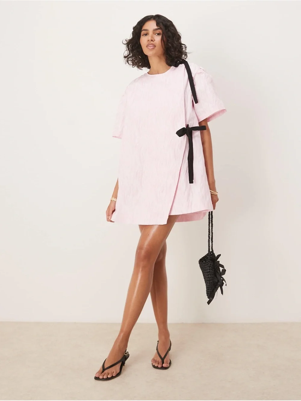 NWT GHOSPELL Contrast Bow Pink Mini Dress  Size Large